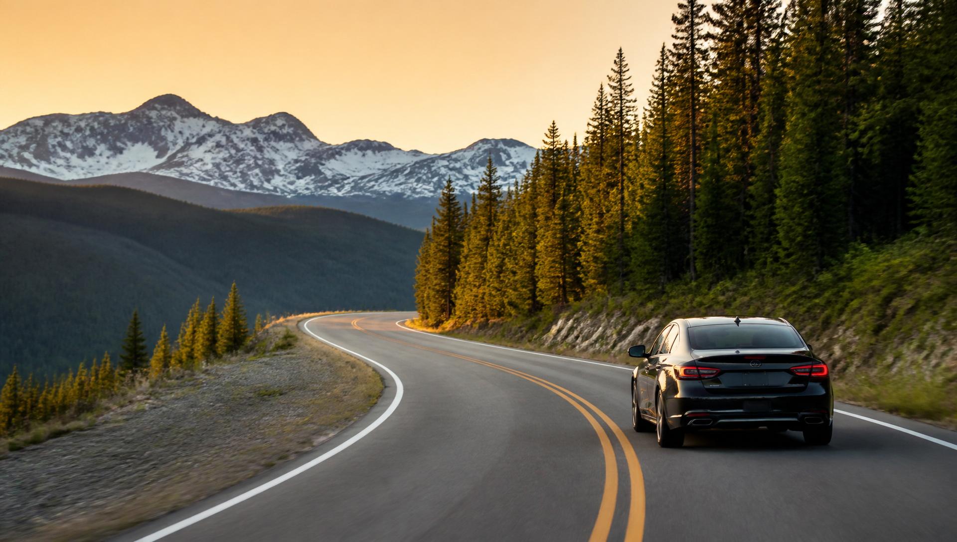 Sedan driving on a scenic mountain highway